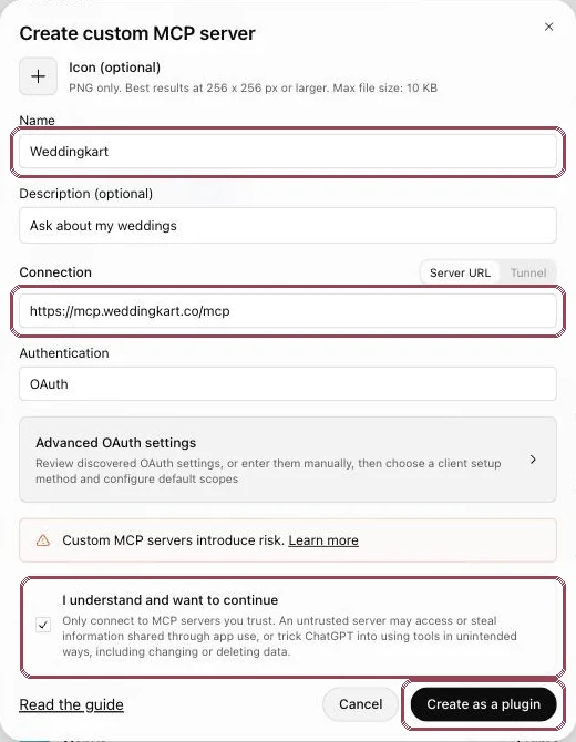 ChatGPT Create custom MCP server form filled in with Weddingkart and the connector URL