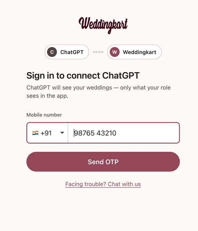 Weddingkart sign-in page for ChatGPT asking for a mobile number