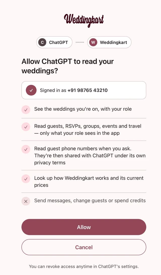 Weddingkart permission page asking to allow ChatGPT to read your weddings