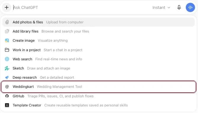 ChatGPT composer menu with Weddingkart highlighted