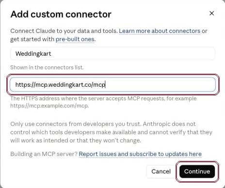 Add custom connector dialog with the name Weddingkart and the connector URL filled in