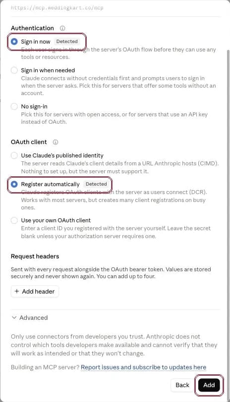 Connector settings with Sign in now and Register automatically detected, and the Add button