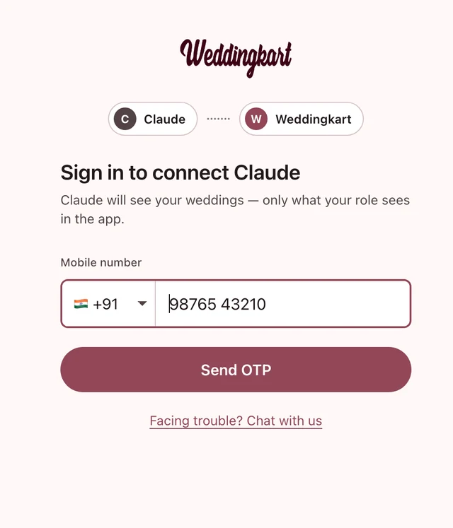 Weddingkart sign-in page asking for a mobile number, India selected