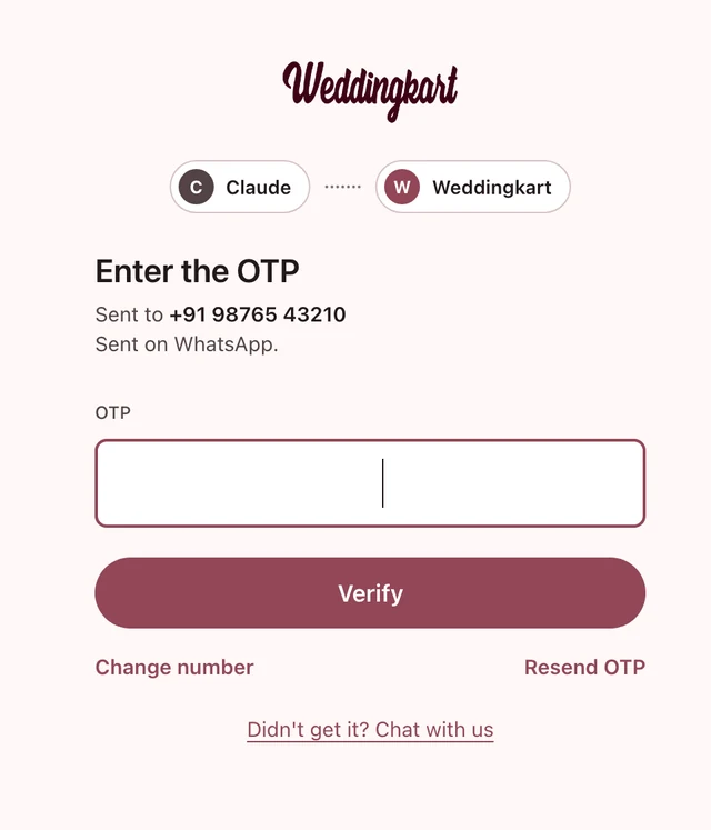 Weddingkart OTP page with Change number and Resend OTP links