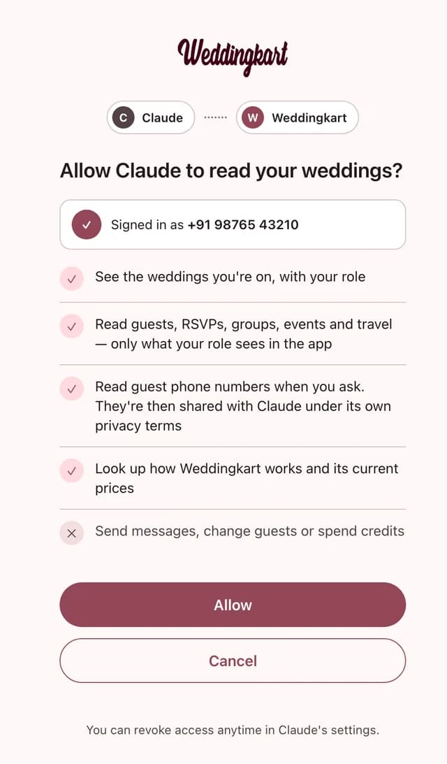 Weddingkart permission page: read weddings, guests, RSVPs; cannot send messages or spend credits