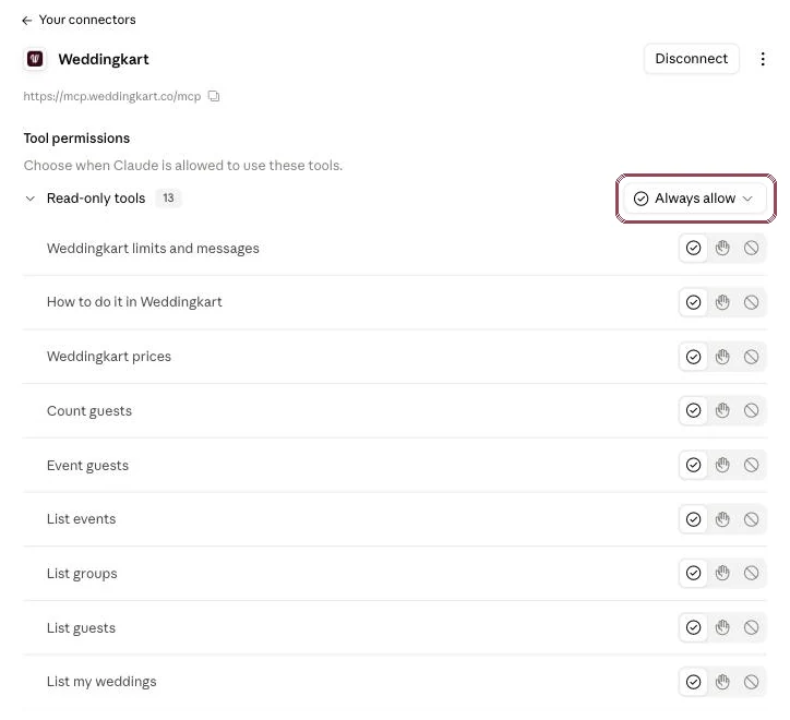 Weddingkart connector tool permissions set to Always allow, 13 read-only tools