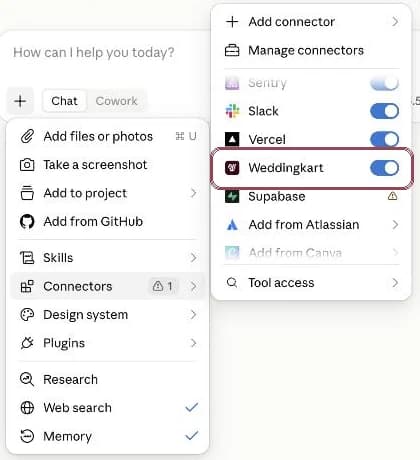 Claude chat menu, Connectors submenu with Weddingkart switched on