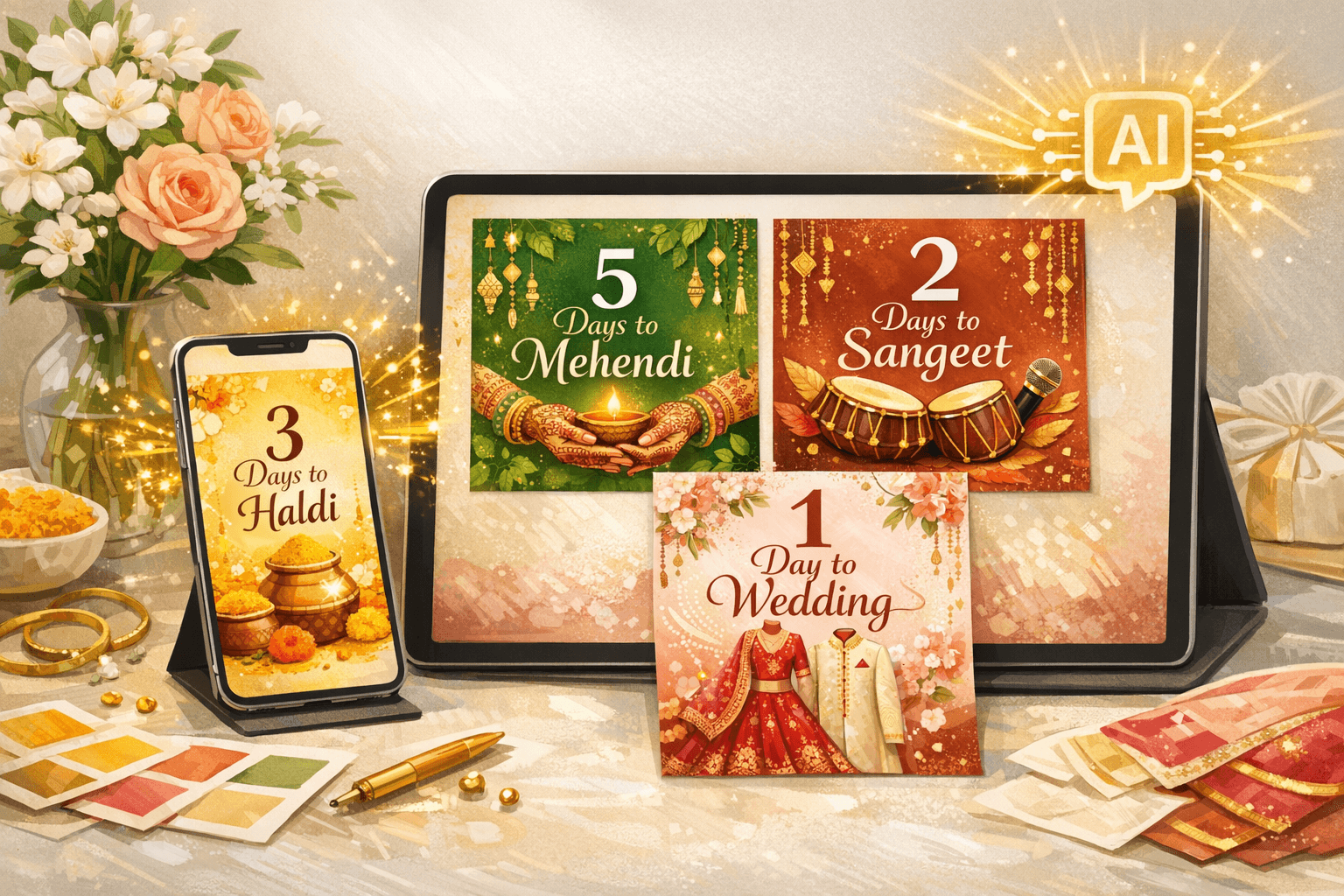 AI-generated Indian wedding countdown creatives for haldi, mehendi, sangeet, and wedding day