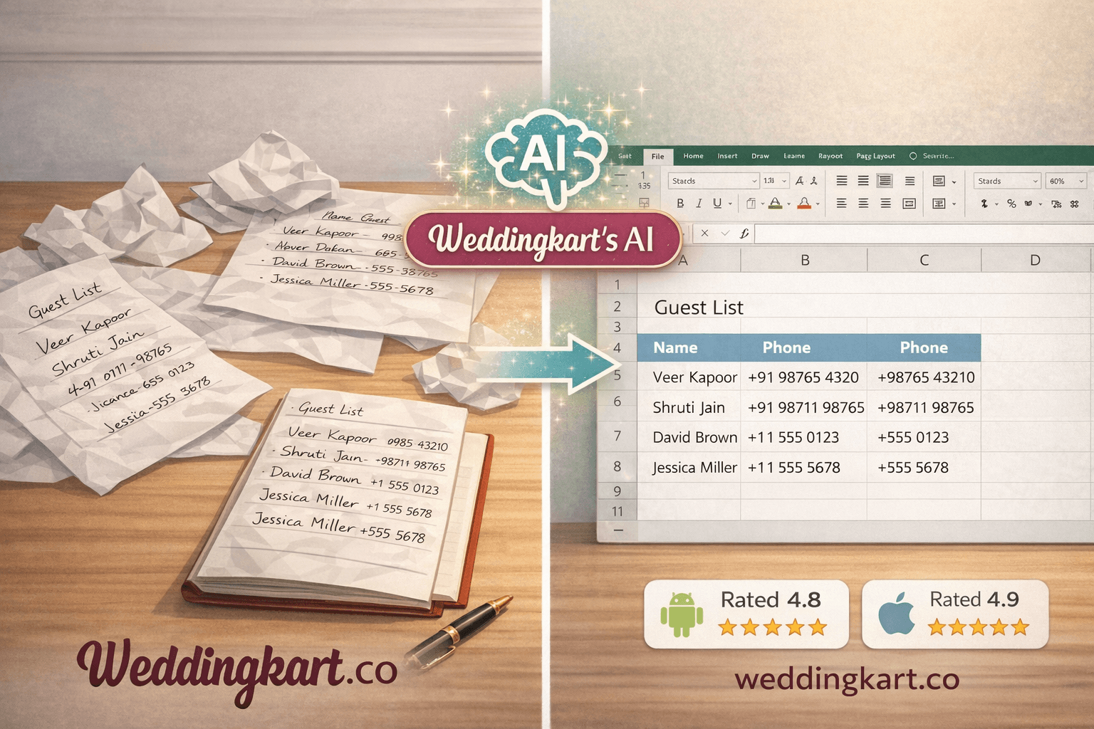 Messy handwritten Indian wedding guest list being turned into clean digital guest records by AI