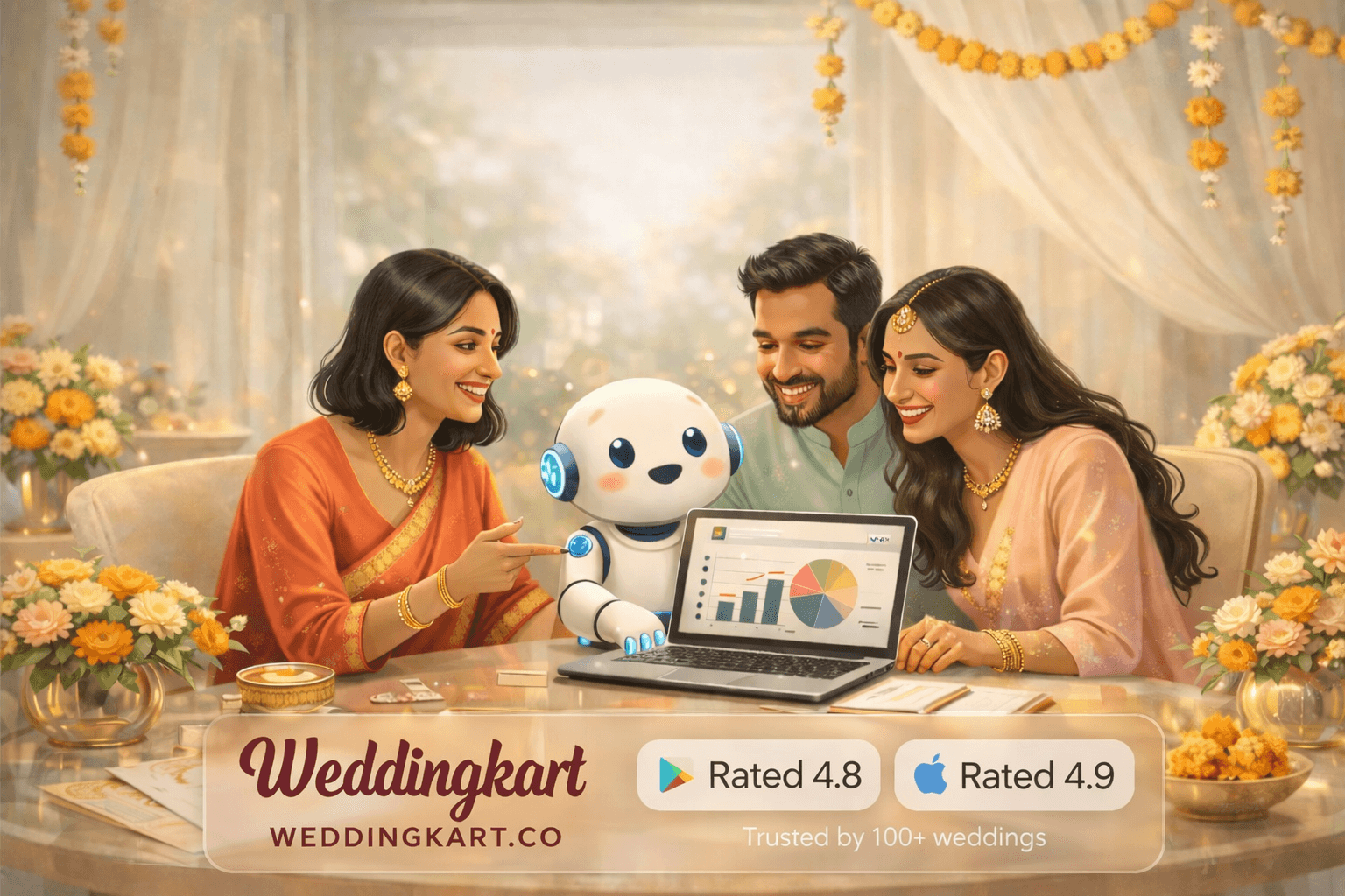 Indian wedding planner and couple using AI-powered tools for guest management, planning, and communication