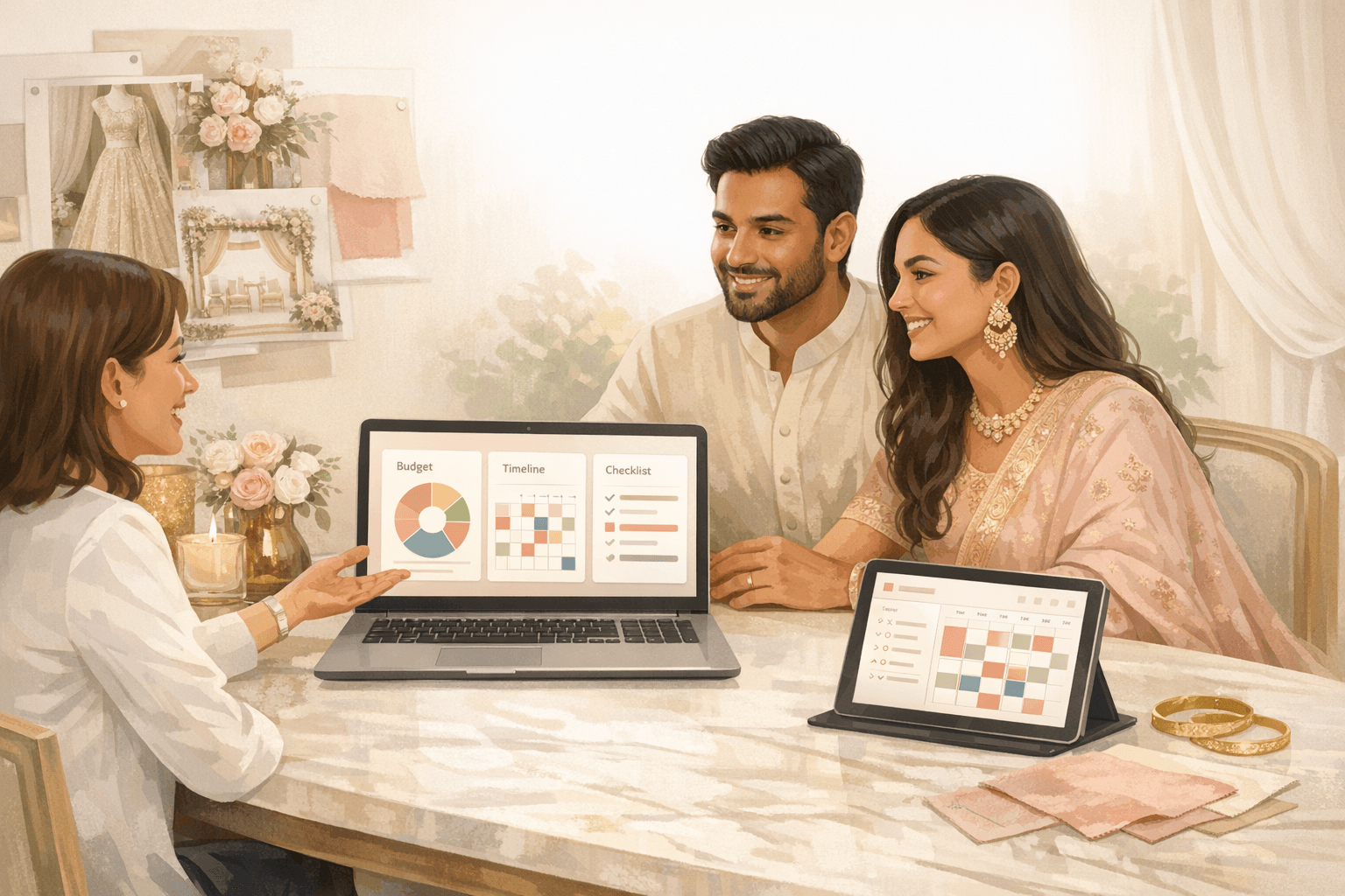 Indian couple using AI wedding planning dashboards for budget, timeline, and checklist decisions