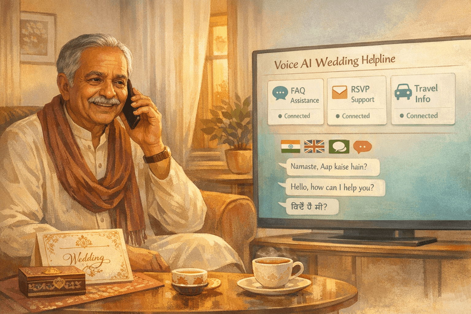 Older Indian wedding guest using a phone while an AI helpline interface manages call support in the background