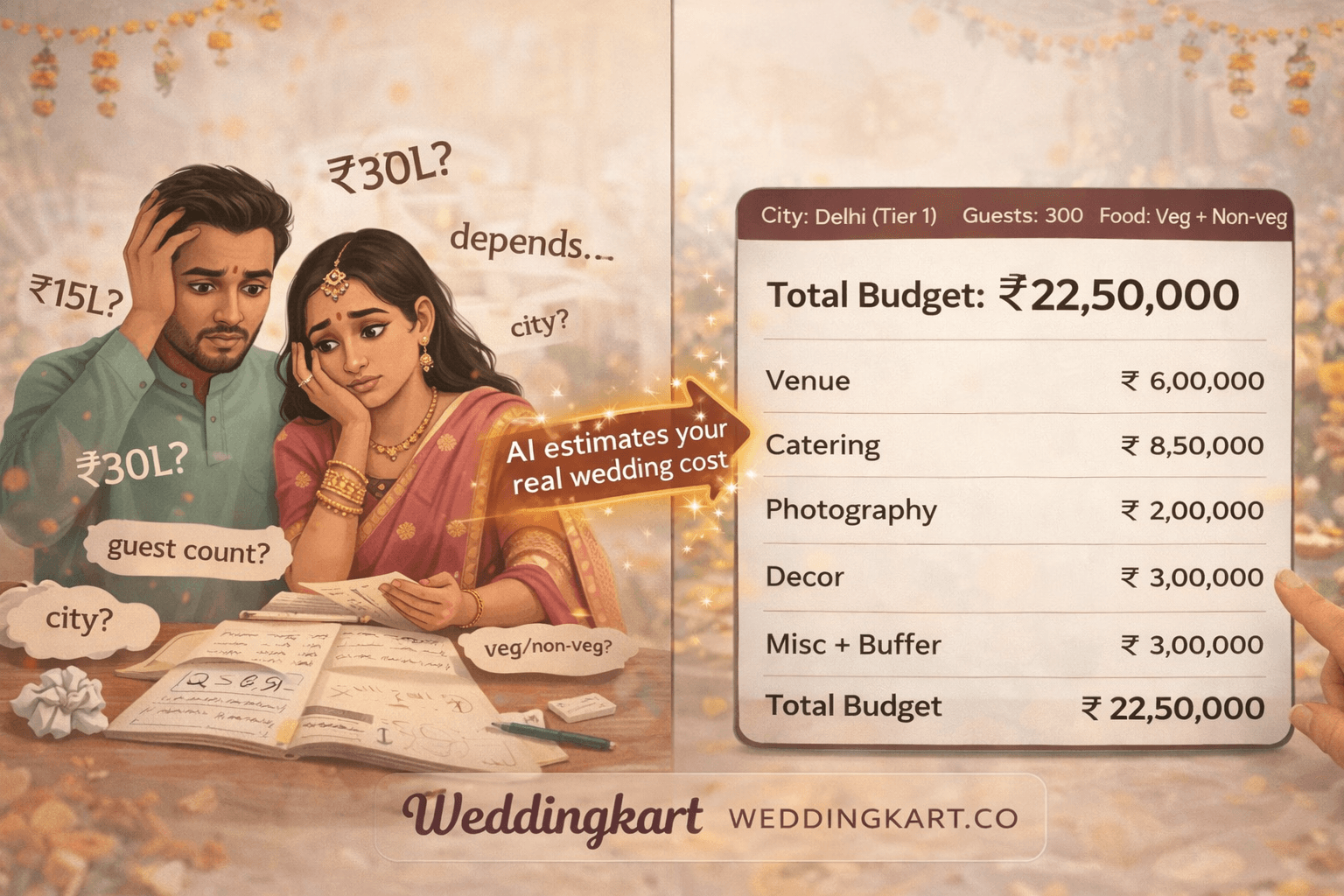 AI-generated Indian wedding cost breakdown by city tier, guest count, and ceremony type