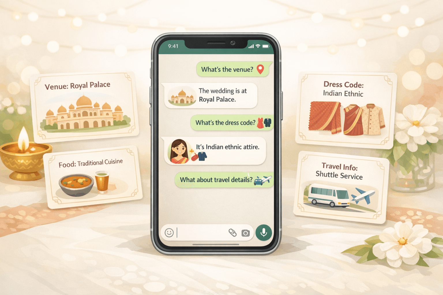 AI wedding guest support on a WhatsApp-style interface answering venue, food, and dress code questions