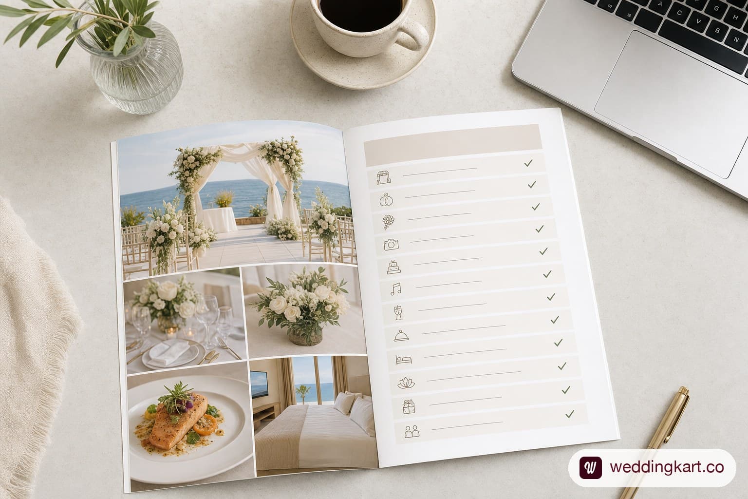 Close-up of a wedding package brochure and checklist showing itemized inclusions and pricing tiers