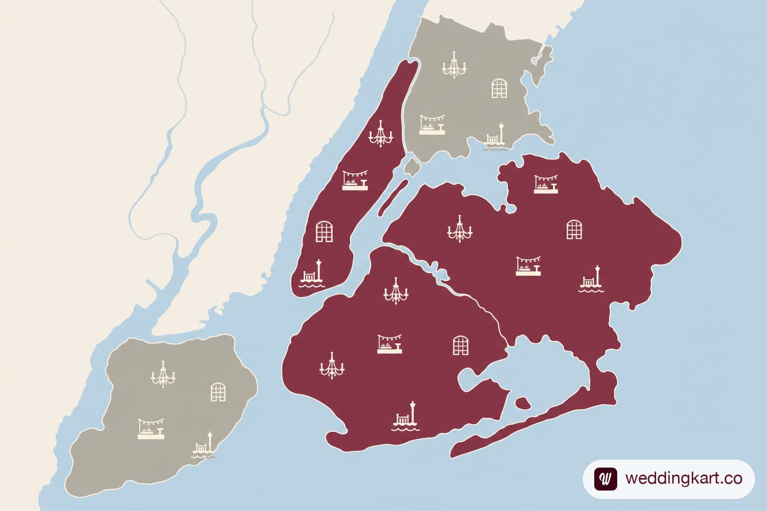 Map of NYC boroughs showing wedding venue density and pricing by area