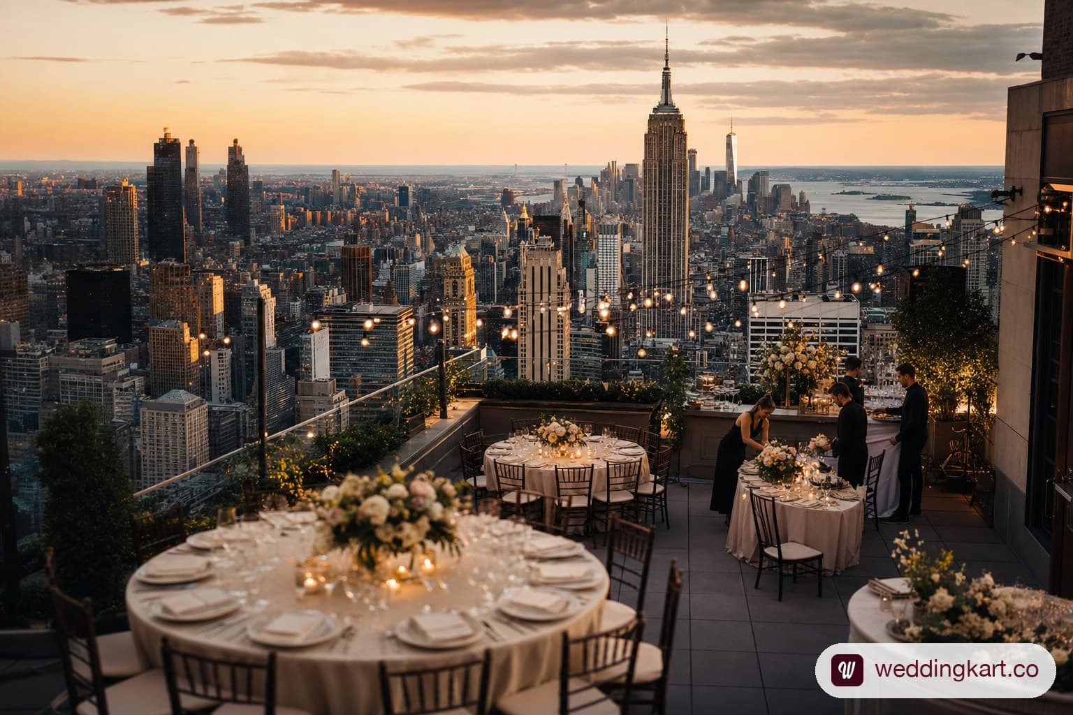 Rooftop wedding reception setup overlooking the Manhattan skyline at sunset