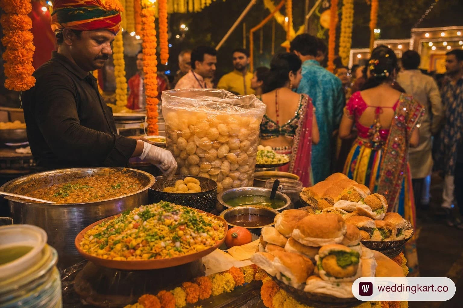 Live food counter with chaat and snacks at a Gujarati Garba night with warm festive lighting