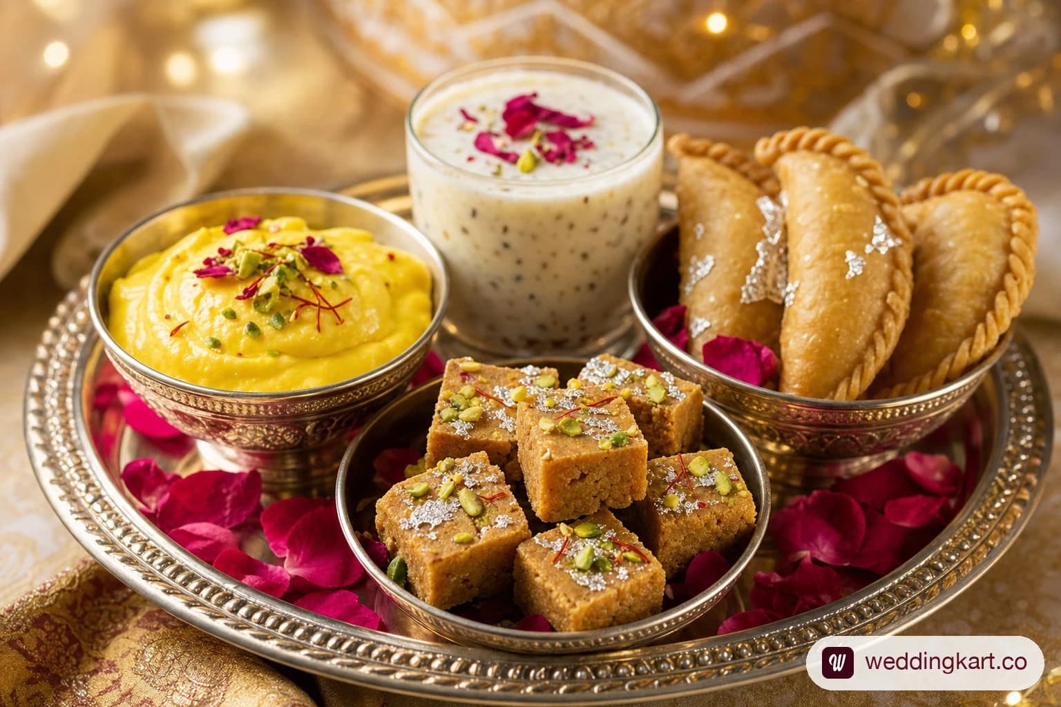 Display of Gujarati wedding sweets including mohanthal and shrikhand in katoris with festive decoration
