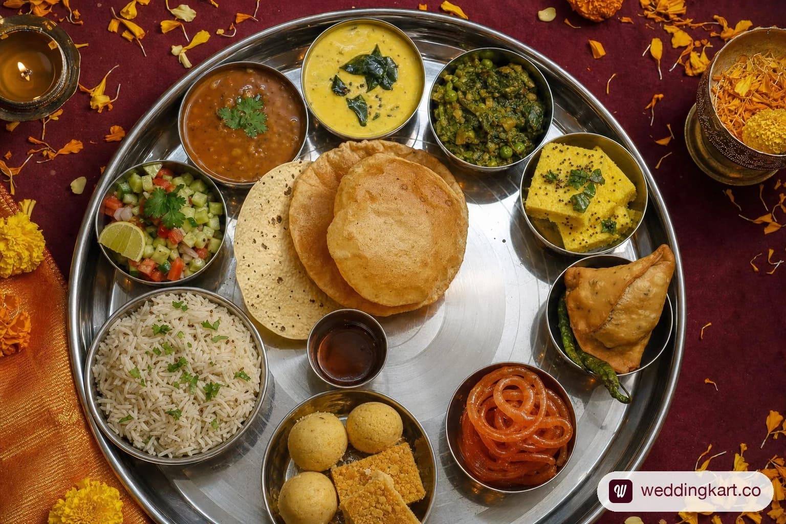 Traditional Gujarati wedding thali on a steel plate with colourful katoris of dal, kadhi, shaak, farsan, puris, jalebi and mohanthal