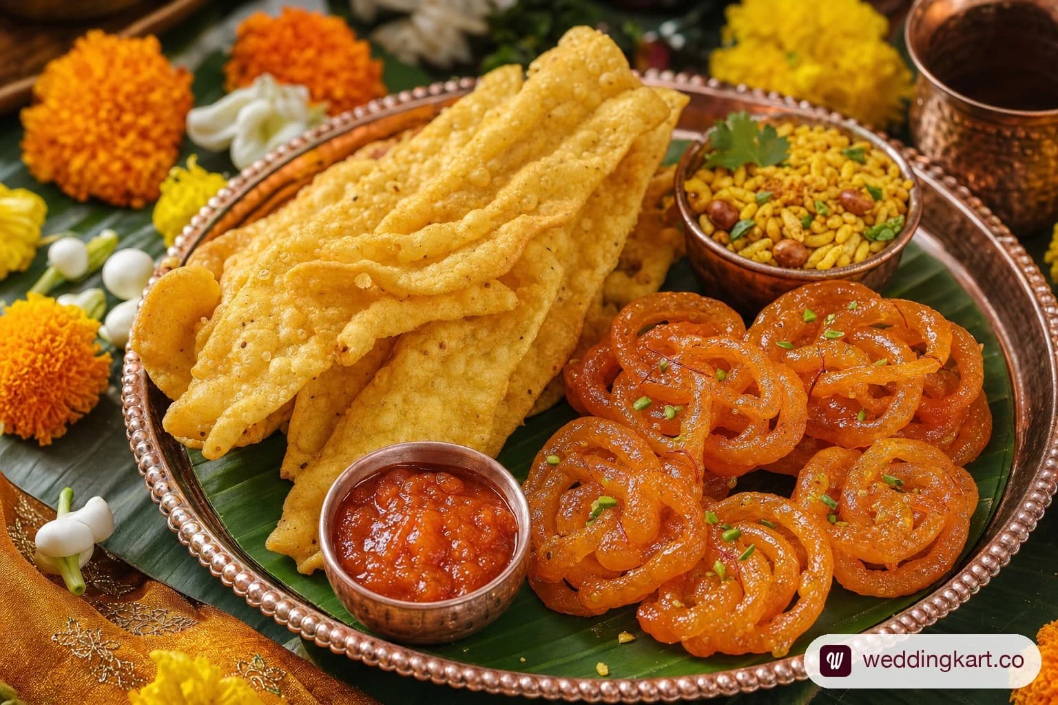 Platter of fafda, jalebi and chaat snacks served at a Gujarati Mehendi function with warm festive lighting