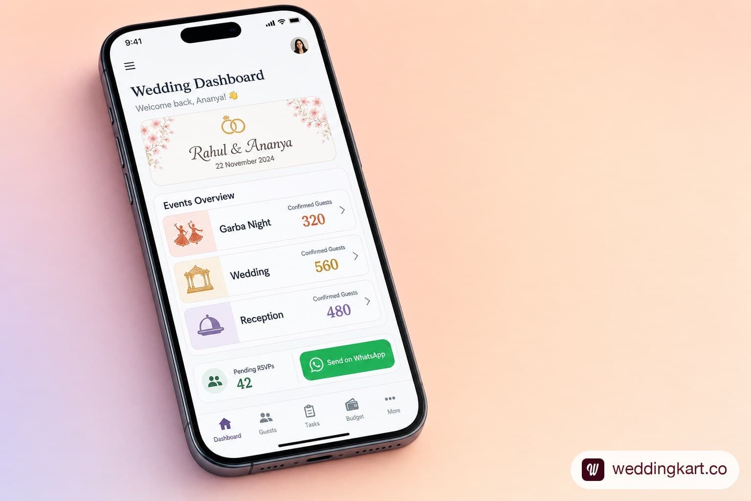 Clean, modern wedding management app dashboard on a smartphone screen showing a summary view with event names Garba Night, Wedding, and Reception, confirmed guest counts, pending RSVPs, and a WhatsApp send button