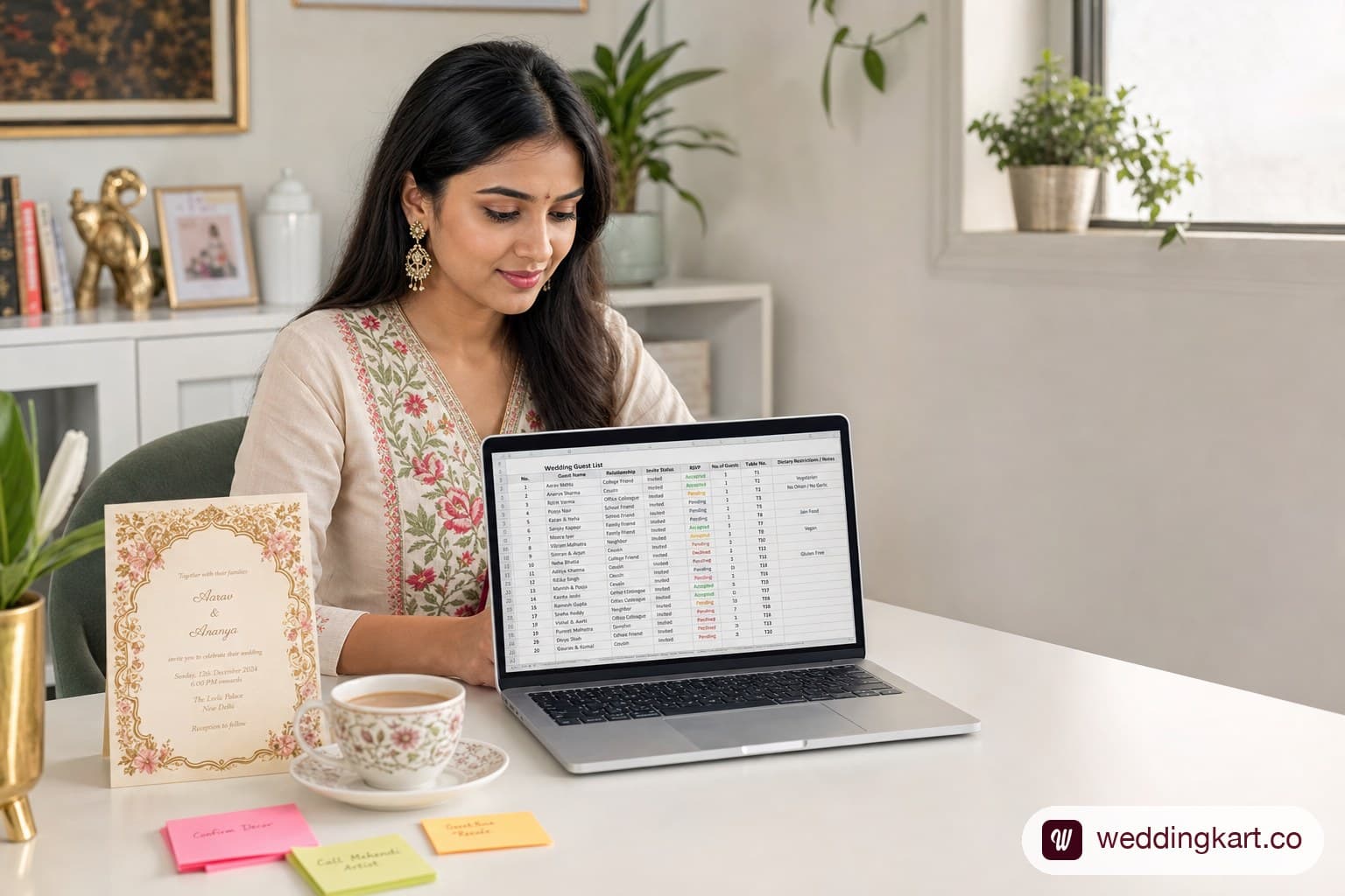 Young Indian woman sitting at a modern desk focused on her laptop screen showing a detailed wedding guest list spreadsheet, with a printed Kankotri invitation, a cup of chai, and sticky notes visible on the desk