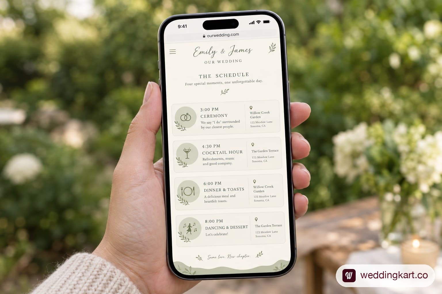 Wedding website schedule page shown on a mobile phone with four event cards.