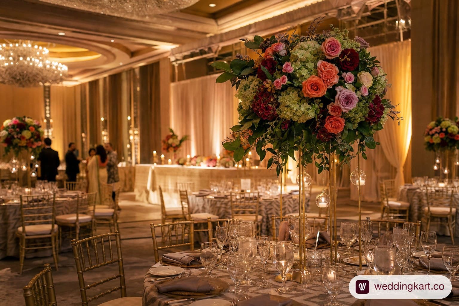 Decorated hotel ballroom for a Bay Area Indian wedding.