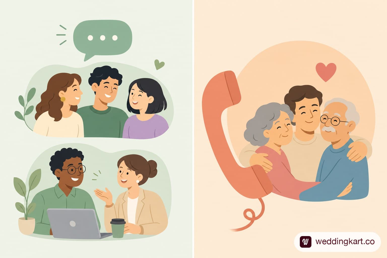 A two-column etiquette illustration contrasting casual WhatsApp messaging for friends and colleagues with a phone call for close family
