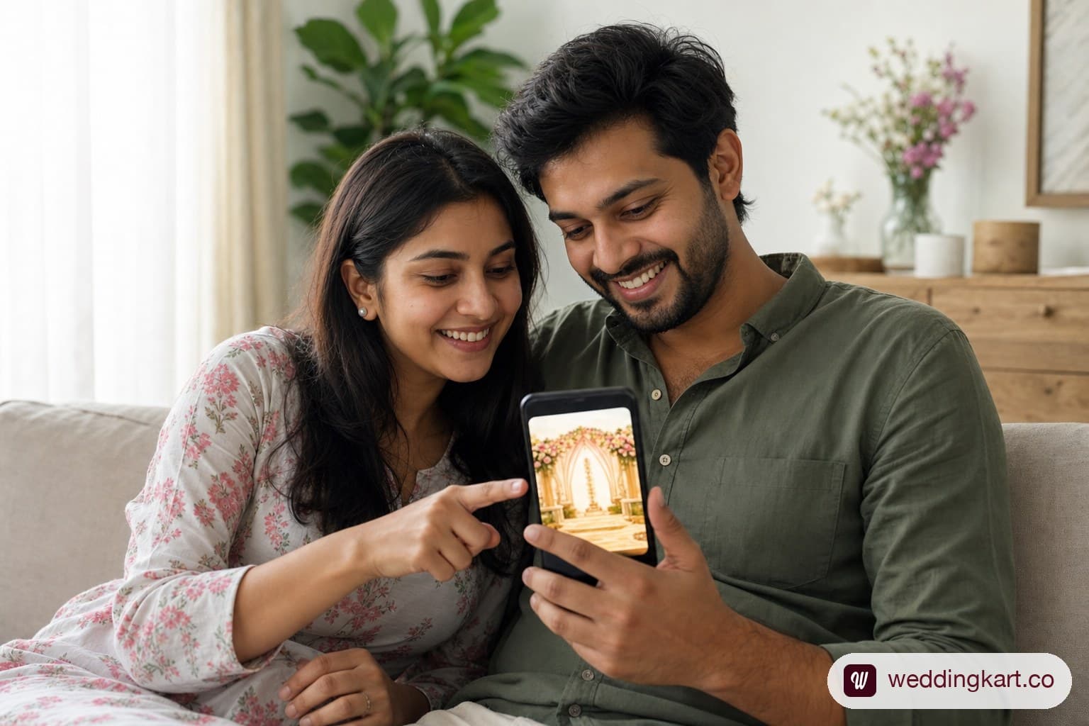 A couple sitting together on a sofa smiling while looking at a phone screen showing a WhatsApp wedding invitation