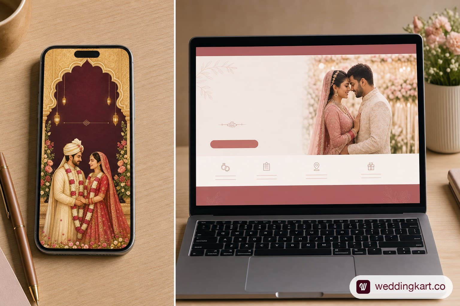 Split-screen of a smartphone displaying a colourful animated Indian wedding e-invitation card next to a laptop showing a clean wedding website homepage with an RSVP button