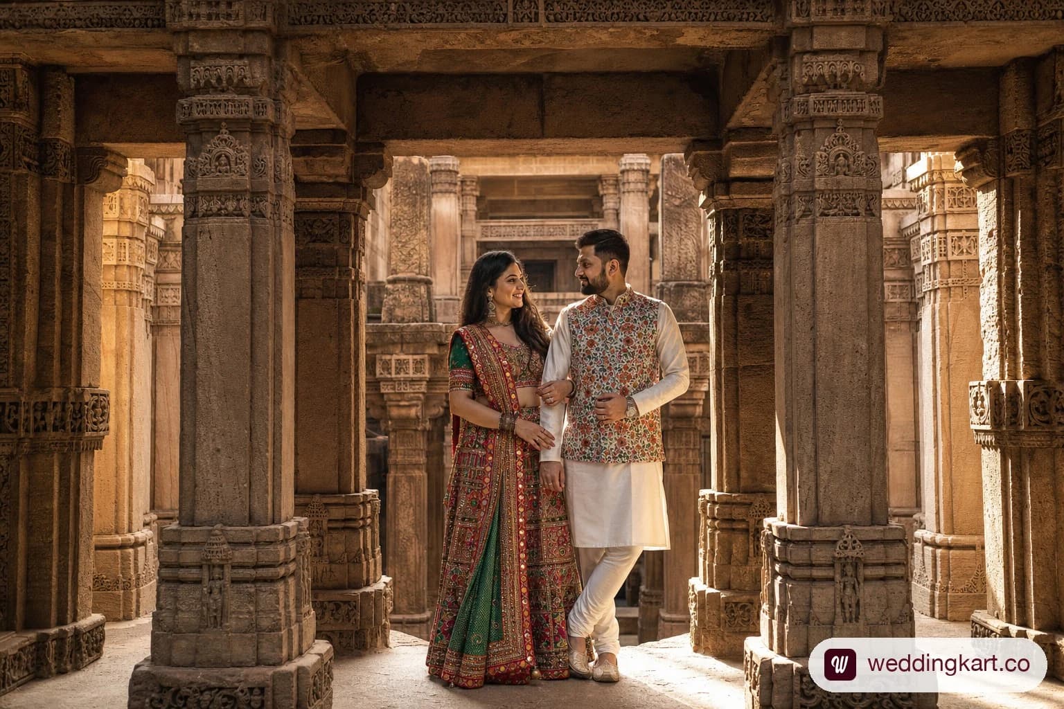 Couple in traditional Gujarati attire posing for pre-wedding photoshoot at Adalaj Stepwell Ahmedabad