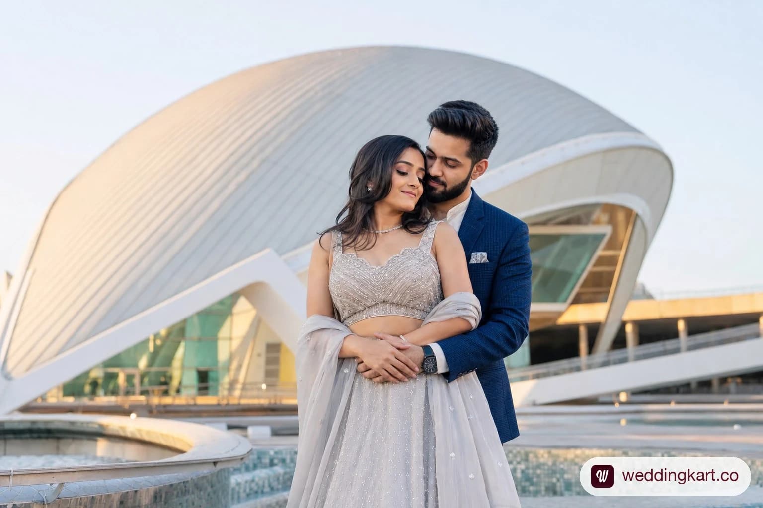 Couple pre-wedding photoshoot at Science City Ahmedabad modern architecture backdrop