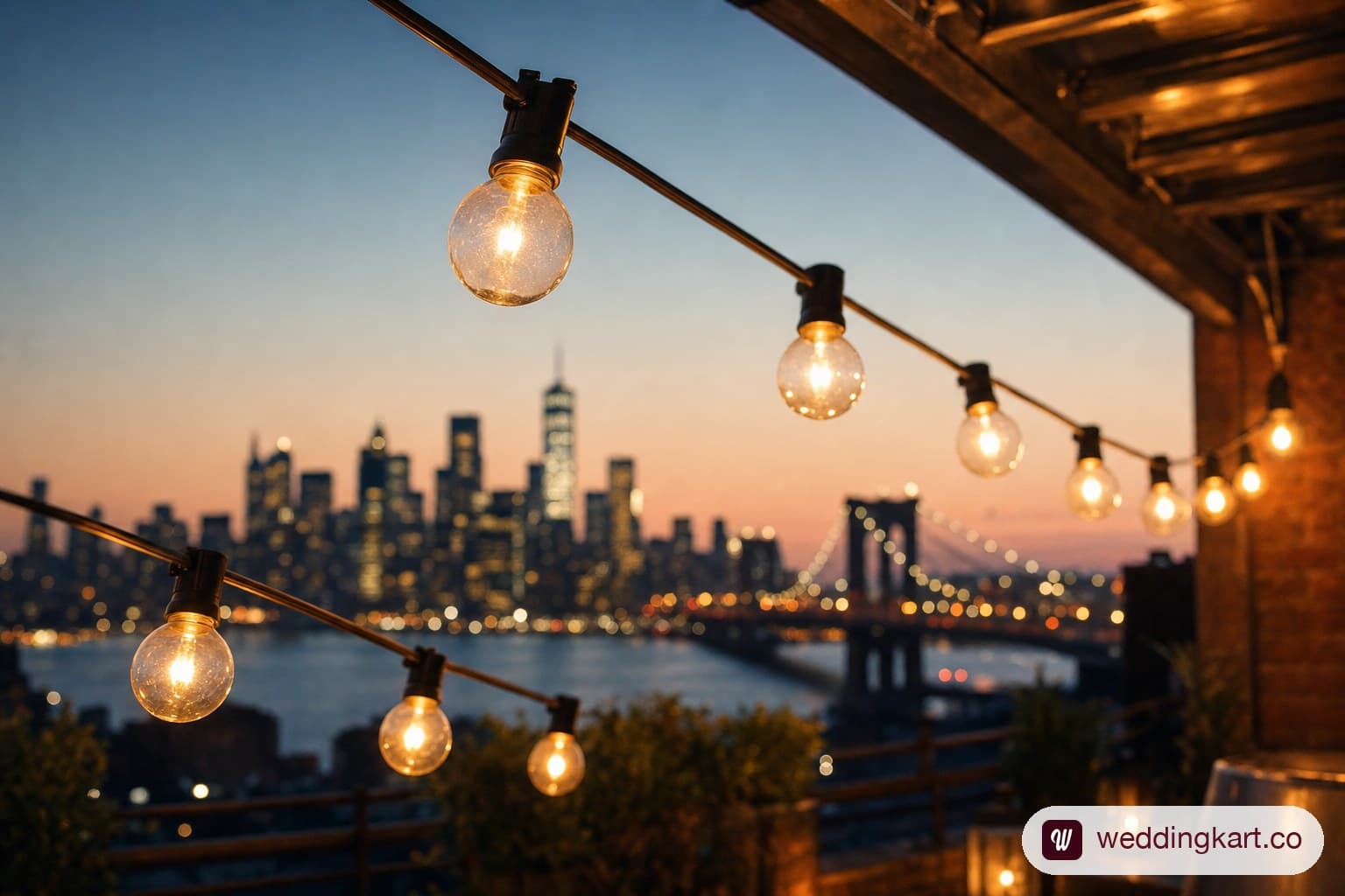 String lights strung across an NYC rooftop wedding reception space at dusk