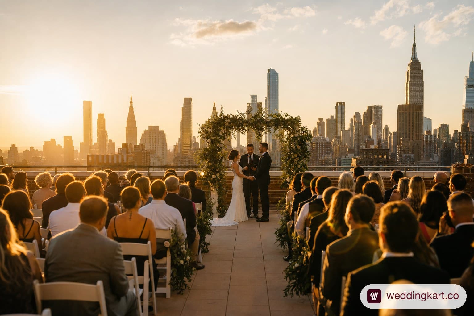 Couple exchanging vows at a rooftop wedding ceremony overlooking the Manhattan skyline at golden hour