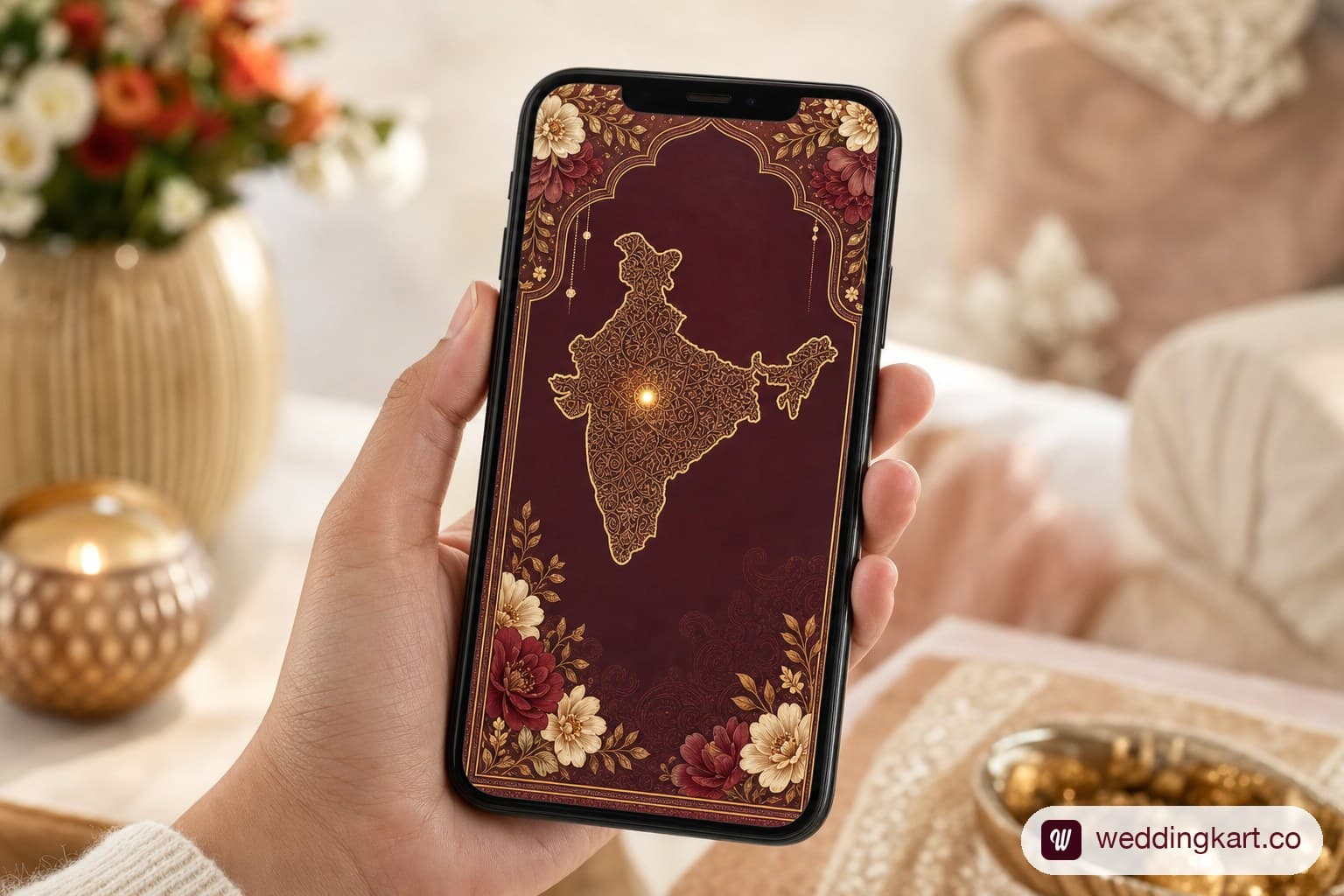 A smartphone screen showing a beautifully designed digital save-the-date card featuring a stylised map of India with a pin on the wedding city and elegant gold typography