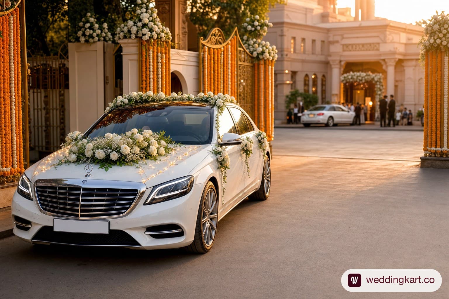 A beautifully decorated white Mercedes-Benz S-Class wedding car parked at the entrance of an Ahmedabad wedding venue, decorated with fresh white roses, marigold garlands, and fairy lights along the bonnet and roof, golden hour light