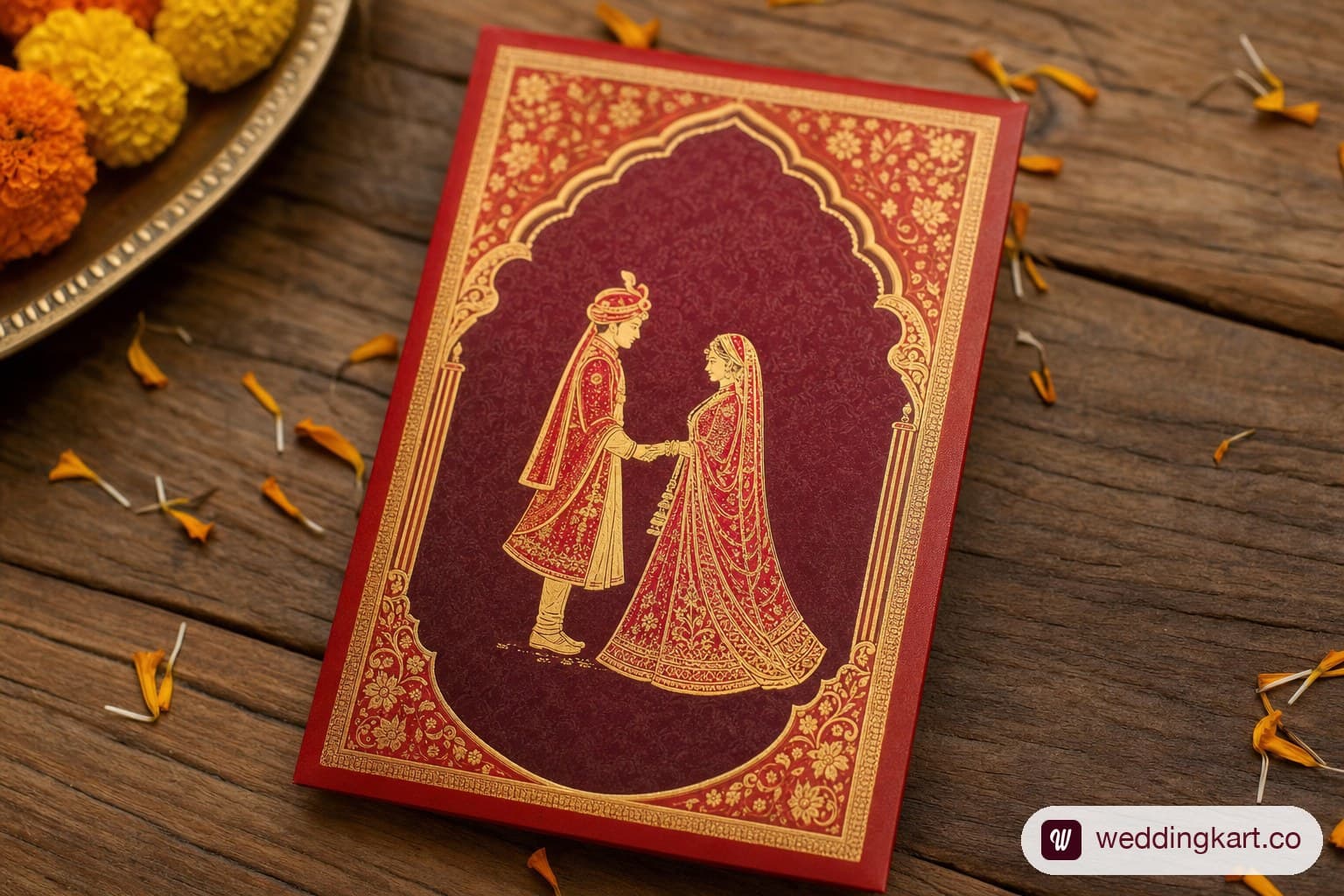 Traditional Hindi wedding invitation card with gold foil border.