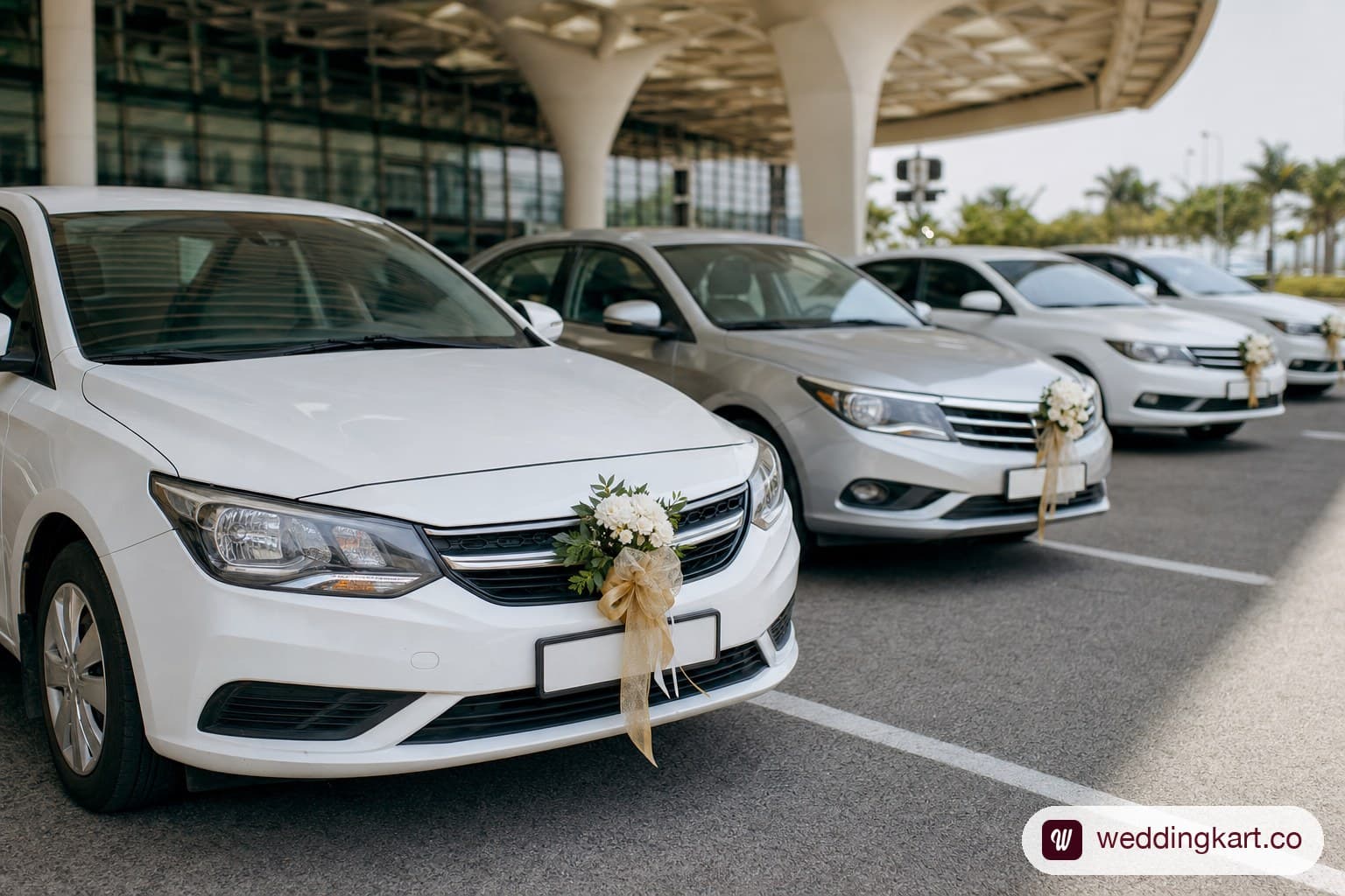 Fleet of decorated cars for wedding guest airport pickup.