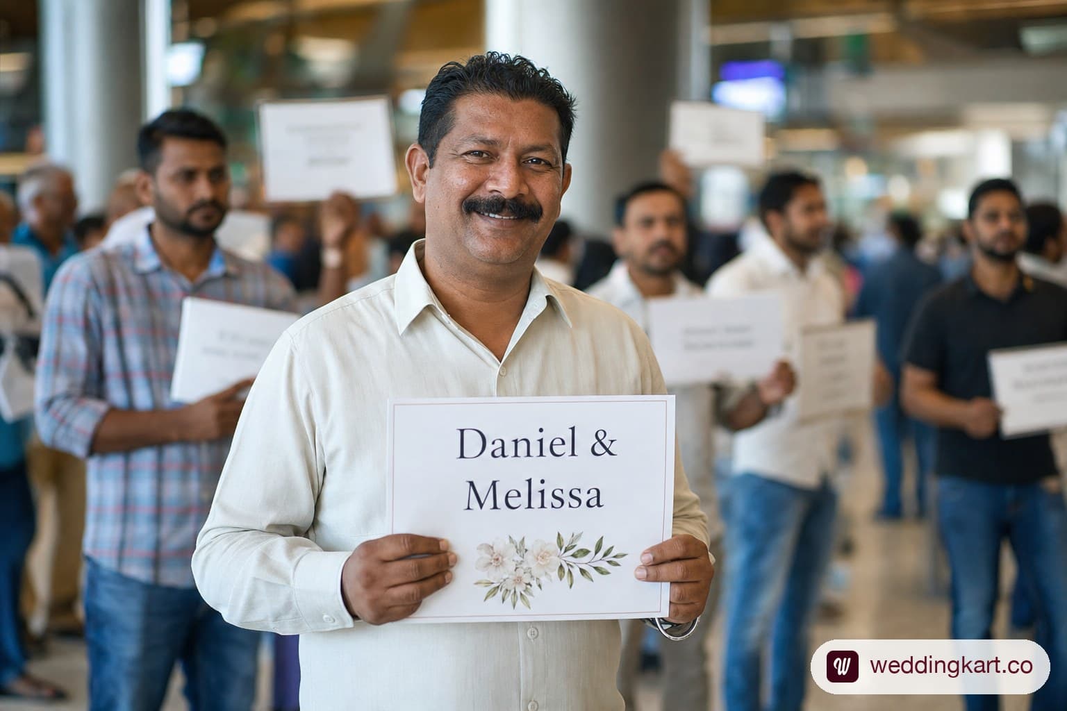 Wedding-branded name board at airport arrivals for guest pickup.