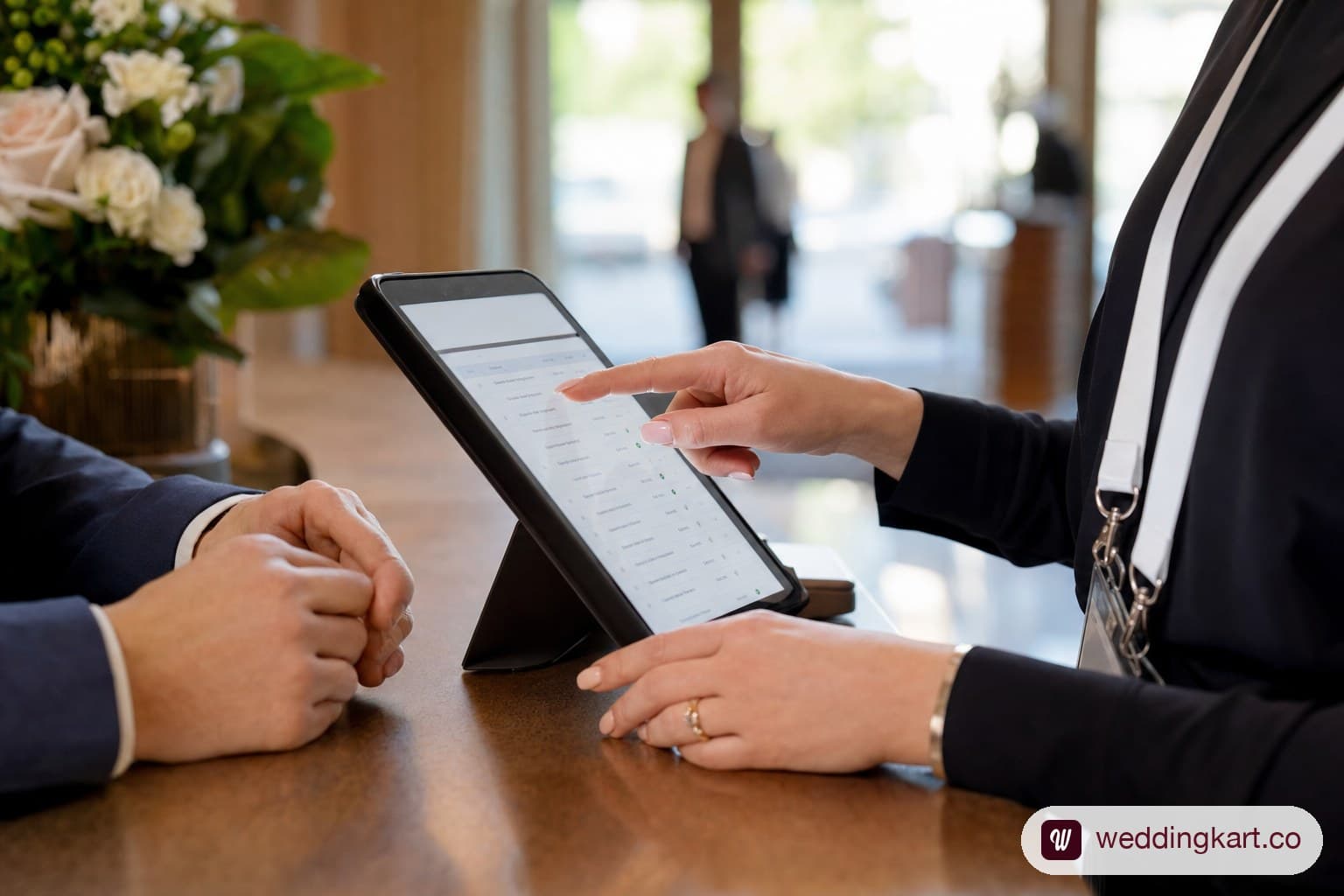Hospitality desk staff member checking in a wedding guest against a live digital guest list
