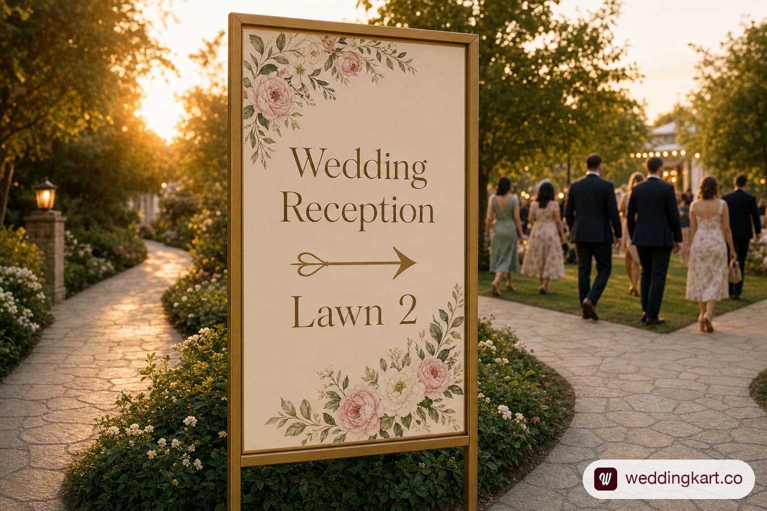 Directional wayfinding signage guiding wedding guests toward the reception lawn