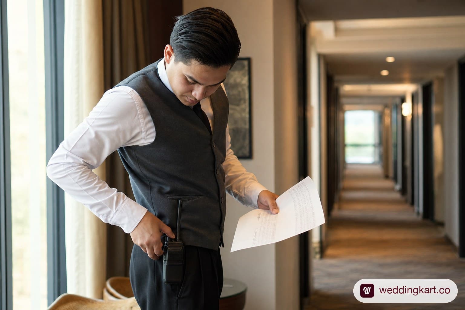 Wedding hospitality desk runner coordinating via walkie-talkie during peak arrivals