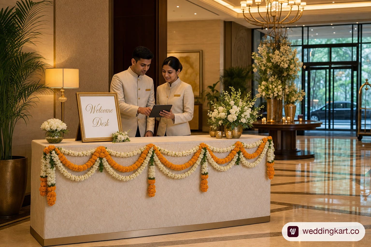 Branded wedding hospitality desk set up at a hotel lobby entrance