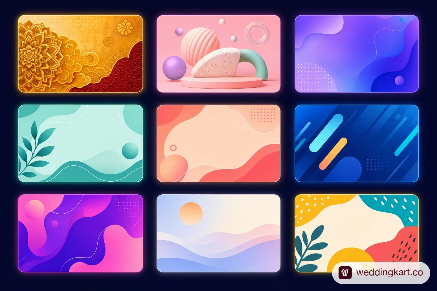 A grid of small preview thumbnails showing different wedding invitation video template styles arranged like a template gallery