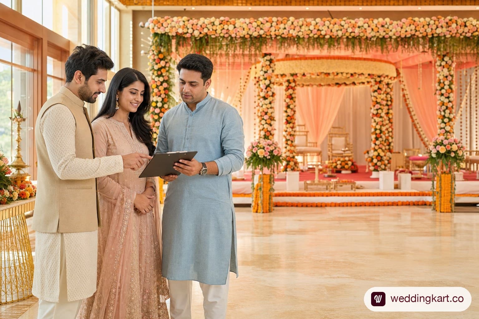 A professional Indian wedding planner in a smart kurta, holding a clipboard, standing with a couple at a decorated Ahmedabad banquet hall with the mandap visible in the background with marigold and rose arrangements