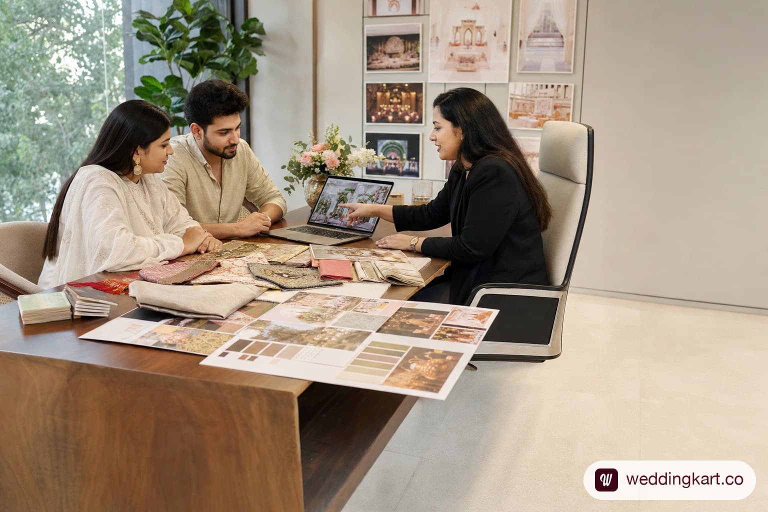 An Indian wedding planner sitting across a table from a young couple in a bright, modern Ahmedabad office, with a mood board, fabric swatches, and a laptop open on the table