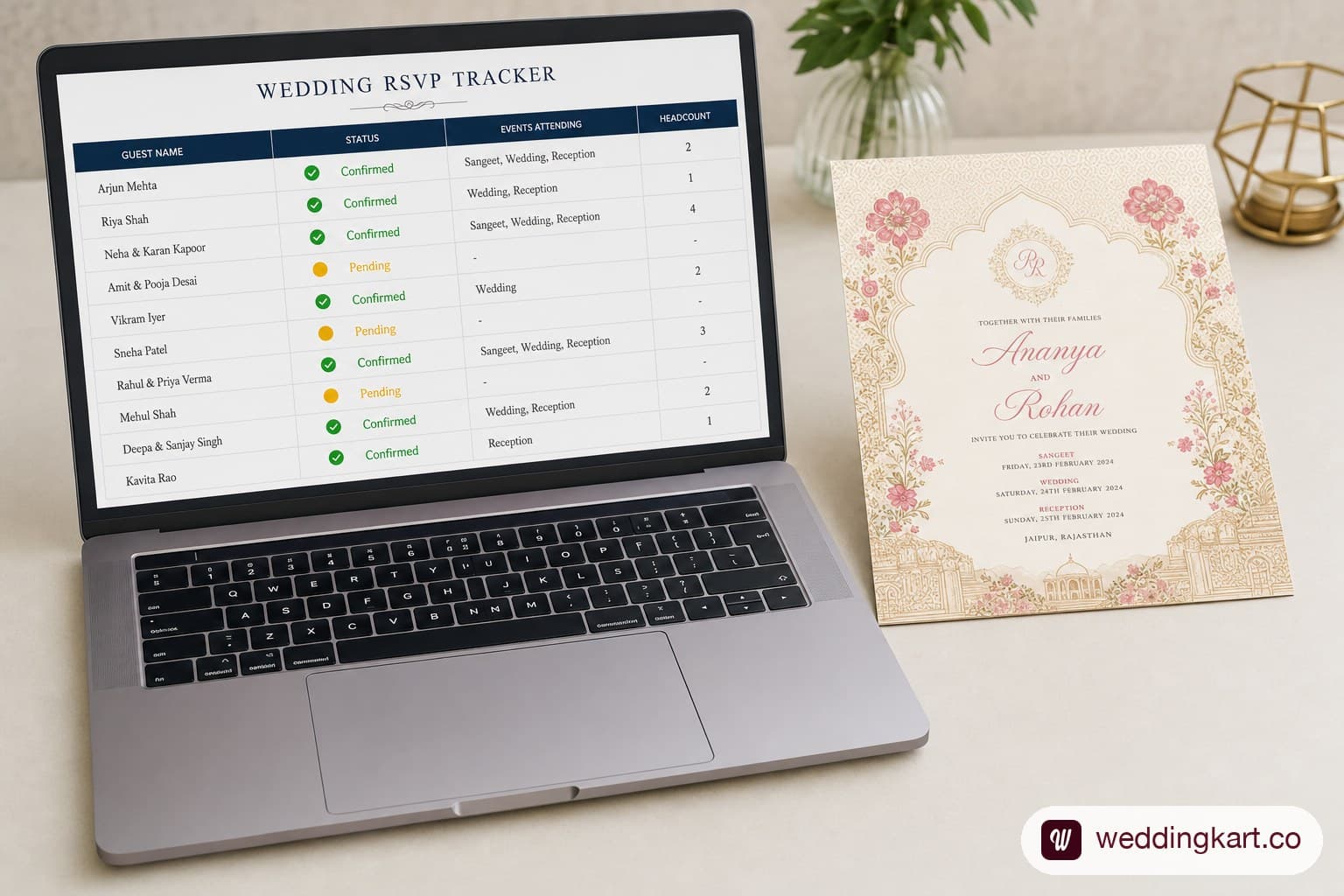 A neatly organised wedding RSVP tracker on a laptop screen with columns showing guest names, confirmed status in green ticks, pending status in yellow, events attending, and headcount, next to a printed Indian wedding invitation