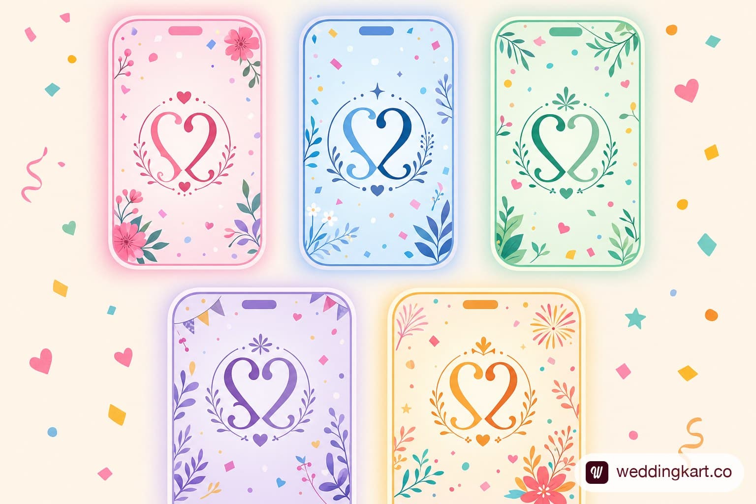 A collage of five phone screens each showing a different creative WhatsApp group name and a couple's monogram icon
